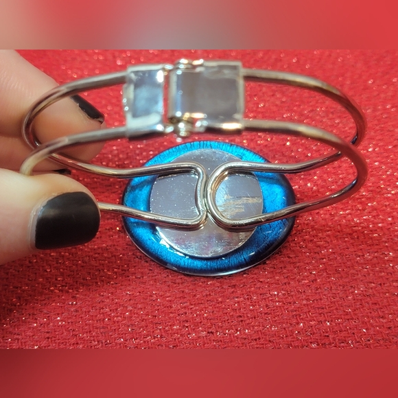 Dichroic Art Glass Hinged Cuff Bracelet Silver Tone Blue/Green/Black Swirl - Picture 3 of 10